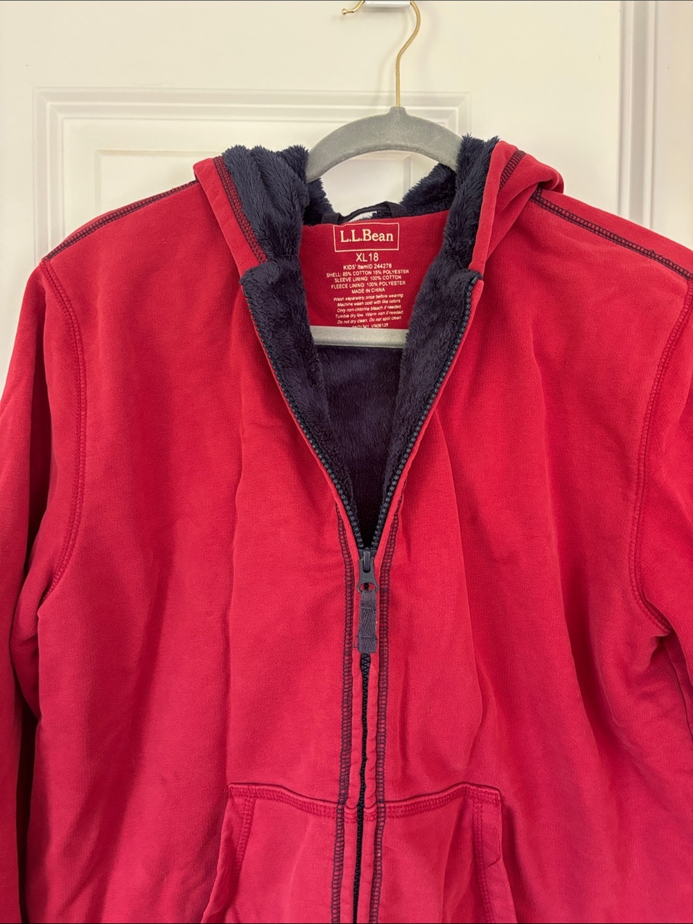 L.L. Bean Red Hooded Zip Sweatshirt with Dark Fleece Lining Kids XL18